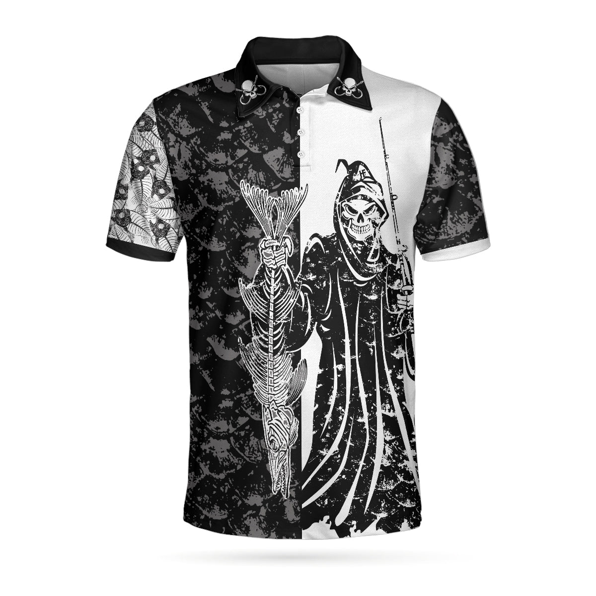 Men Polo Shirt - Black & White Fish Reaper with Grim Reaper Polo Shirt, Skull Polo Shirt, Best Fishing Shirt for Men