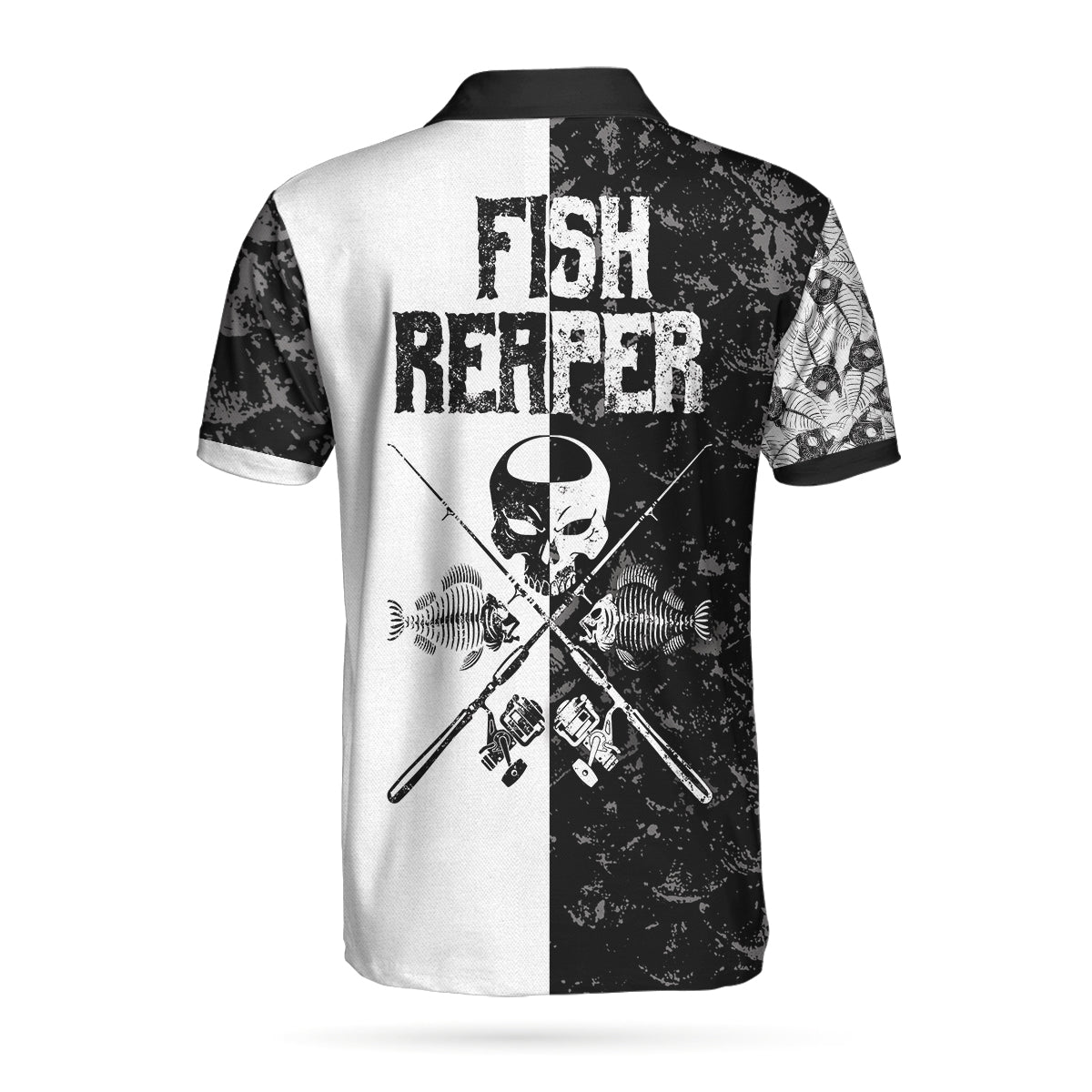 Men Polo Shirt - Black & White Fish Reaper With Grim Reaper Polo Shirt, Skull Polo Shirt, Best Fishing Shirt For Men