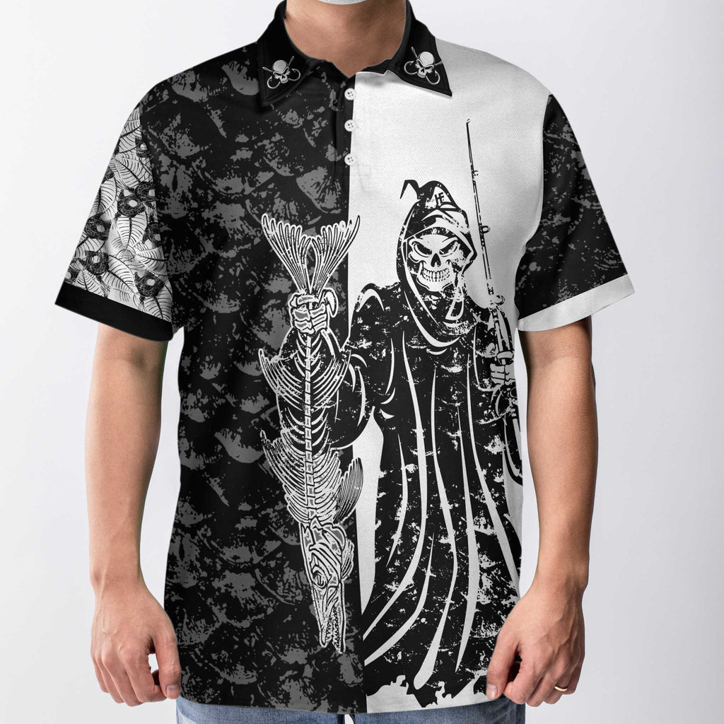 Men Polo Shirt - Black & White Fish Reaper With Grim Reaper Polo