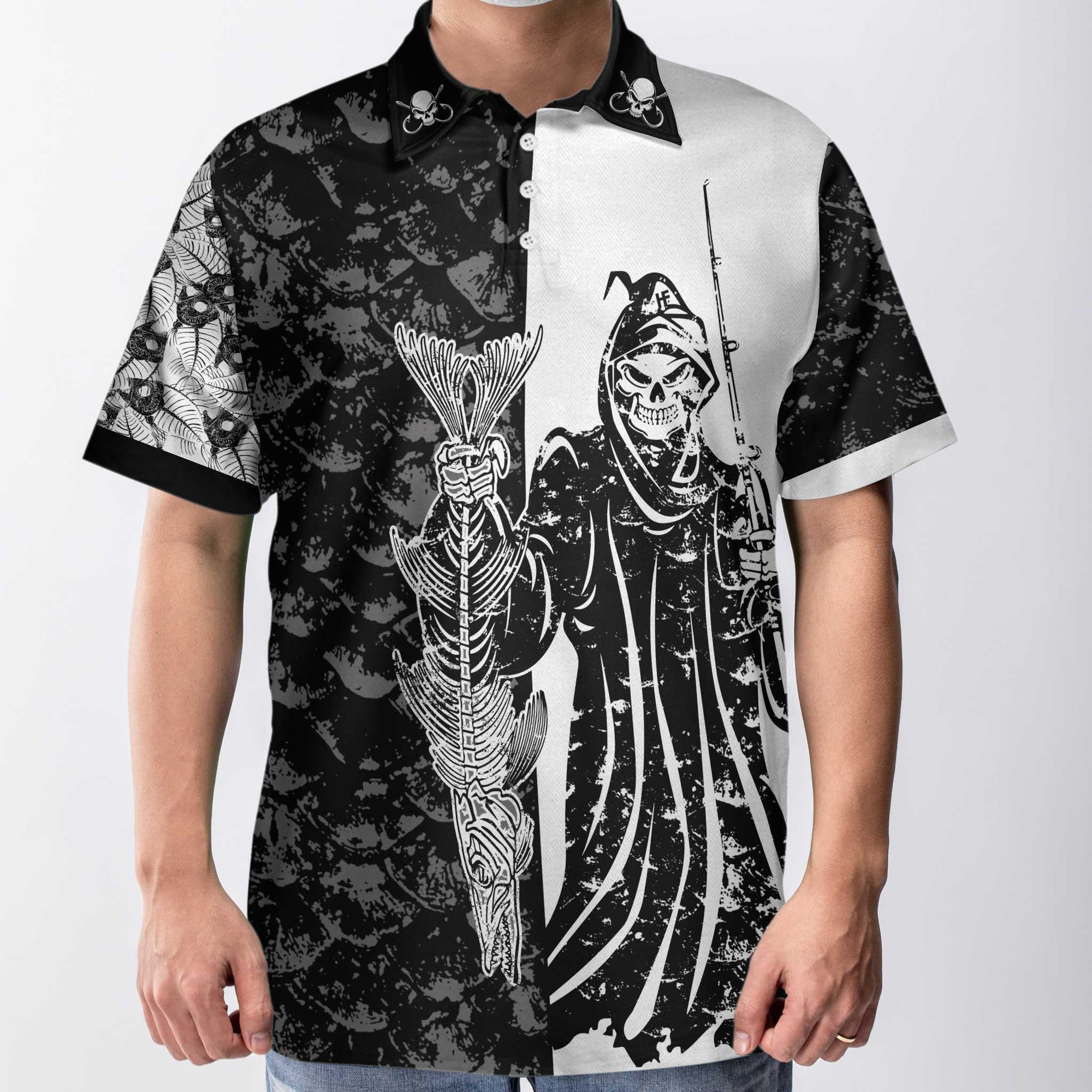 Men Polo Shirt - Black & White Fish Reaper With Grim Reaper Polo Shirt, Skull Polo Shirt, Best Fishing Shirt For Men