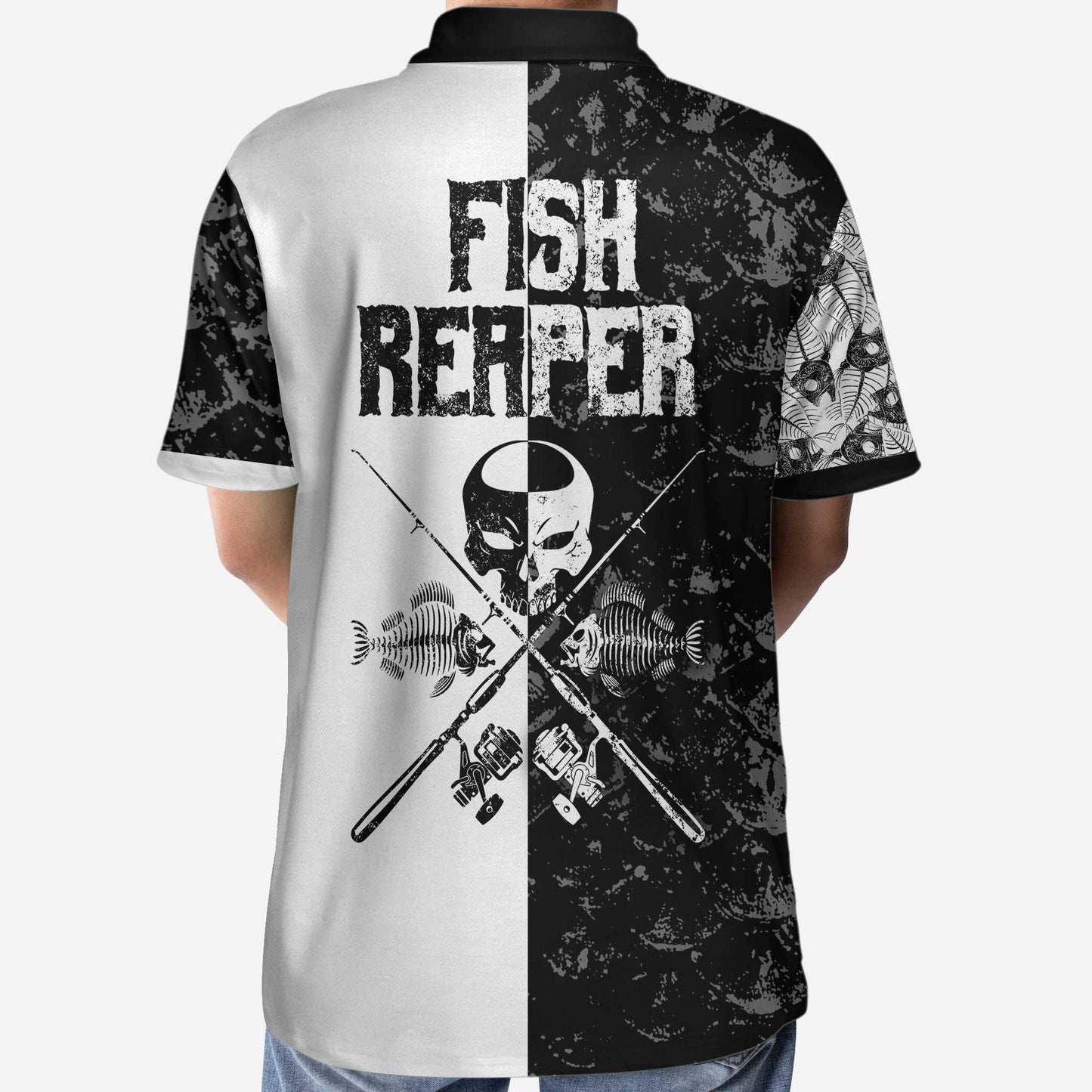 Men Polo Shirt - Black & White Fish Reaper With Grim Reaper Polo Shirt, Skull Polo Shirt, Best Fishing Shirt For Men