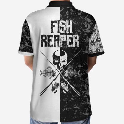 Men Polo Shirt - Black & White Fish Reaper With Grim Reaper Polo Shirt, Skull Polo Shirt, Best Fishing Shirt For Men