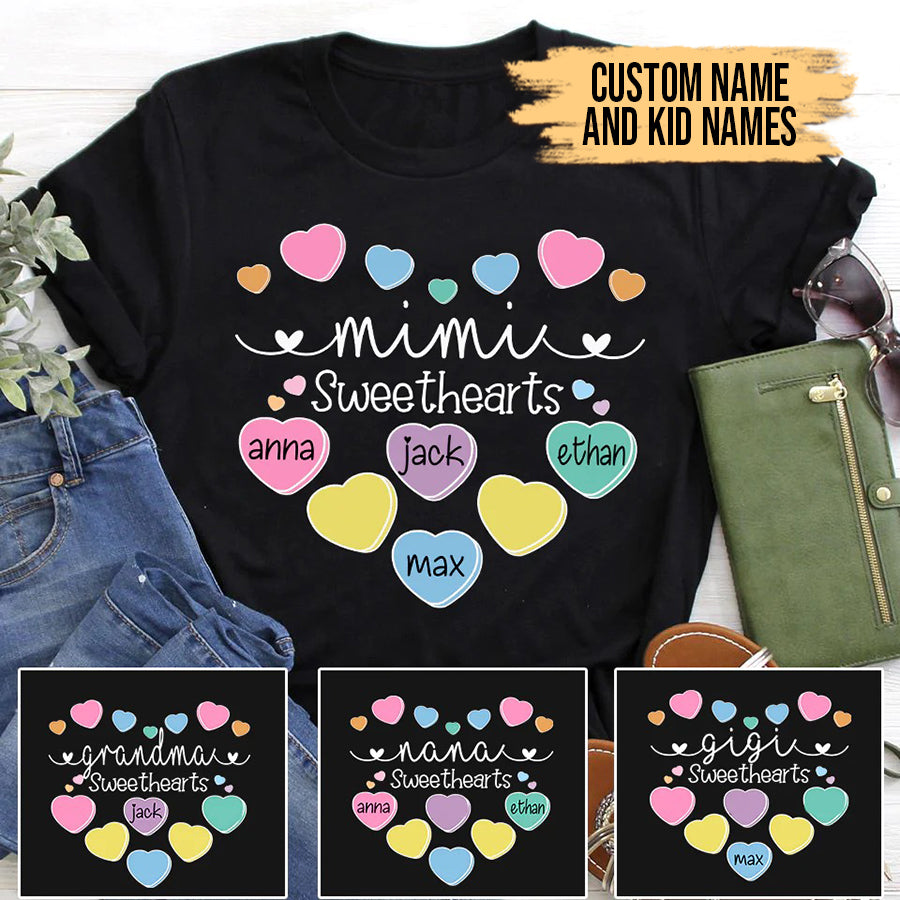 Grandma and Kids Custom Name T-shirt, Grandma Sweethearts With Grandkids Heart Personalized Shirt - Perfect Gift For Gigi, Nana, Mimi, Grandma