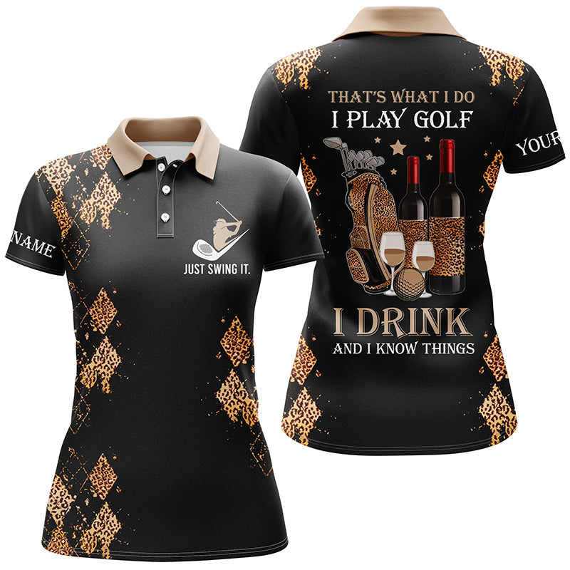 Black Leopard Womens Golf Polo Shirts Custom Name Funny Golf And Wine That's What I Do, I Play Golf, Perfect Gift For Women