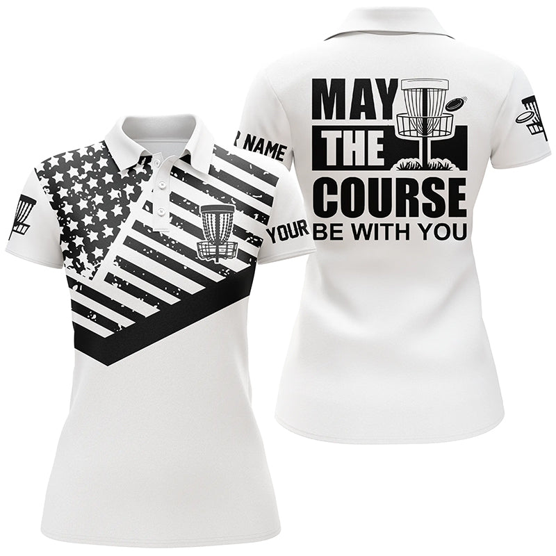 Black White American Flag Polo Shirts Custom May The Course Be With You Disc Golf Shirts For Women
