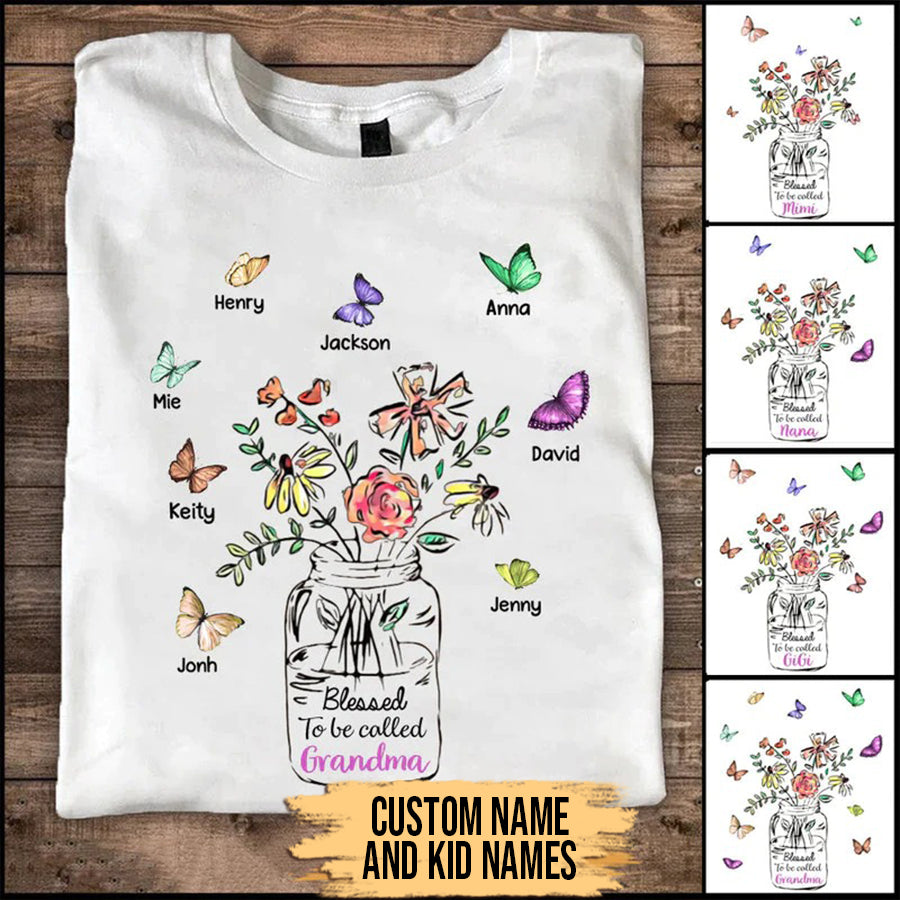 Grandma and Kids Custom Name T-shirt, Blessed To Be Called Grandma Mom Vase of Flower with Butterfly Personalized Shirt - Perfect Gift For Gigi, Nana, Mimi, Grandma