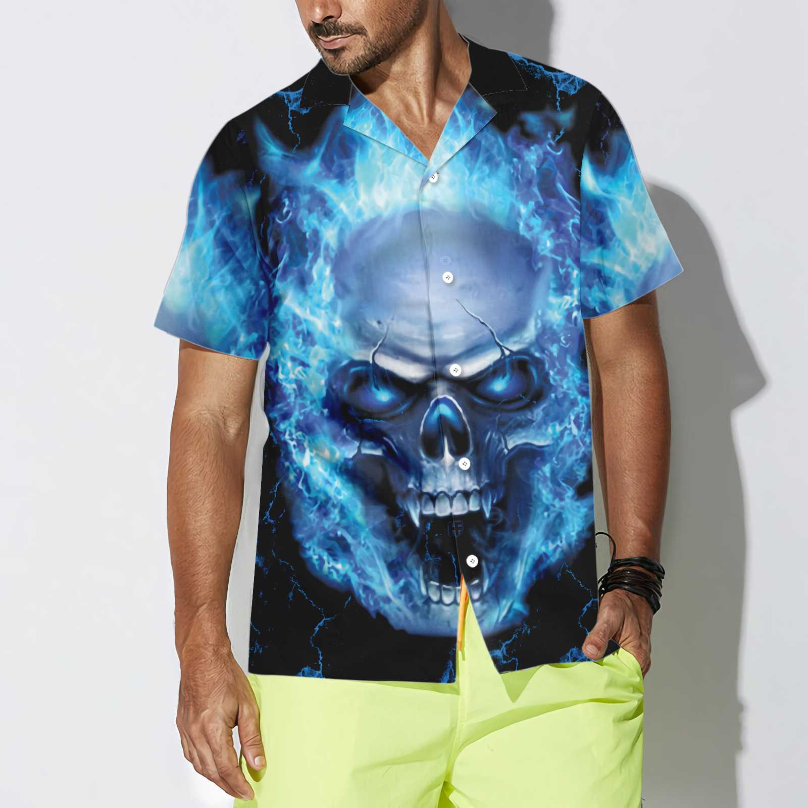 3D AOP Blue Hot Rod Blue Flame With Skull Custom Hawaiian Shirt