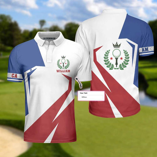 Men Polo Shirt - Blue Red White Golf Custom Polo Shirt, Customized American Golf Shirt For Men, Gift Idea For Golfers