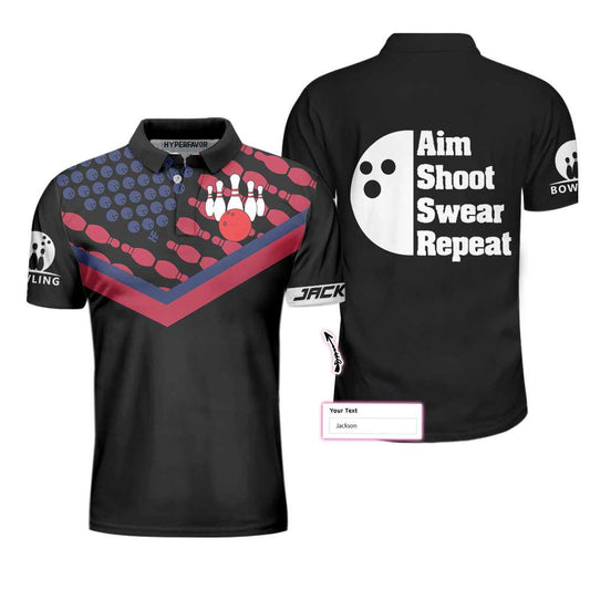Men Polo Shirt - Bowling Aim Shoot Swear Repeat Custom Polo Shirt, Customized Bowling Shirt For Bowlers, Tenpin Bowling Shirt - Best Polo Shirt For Men