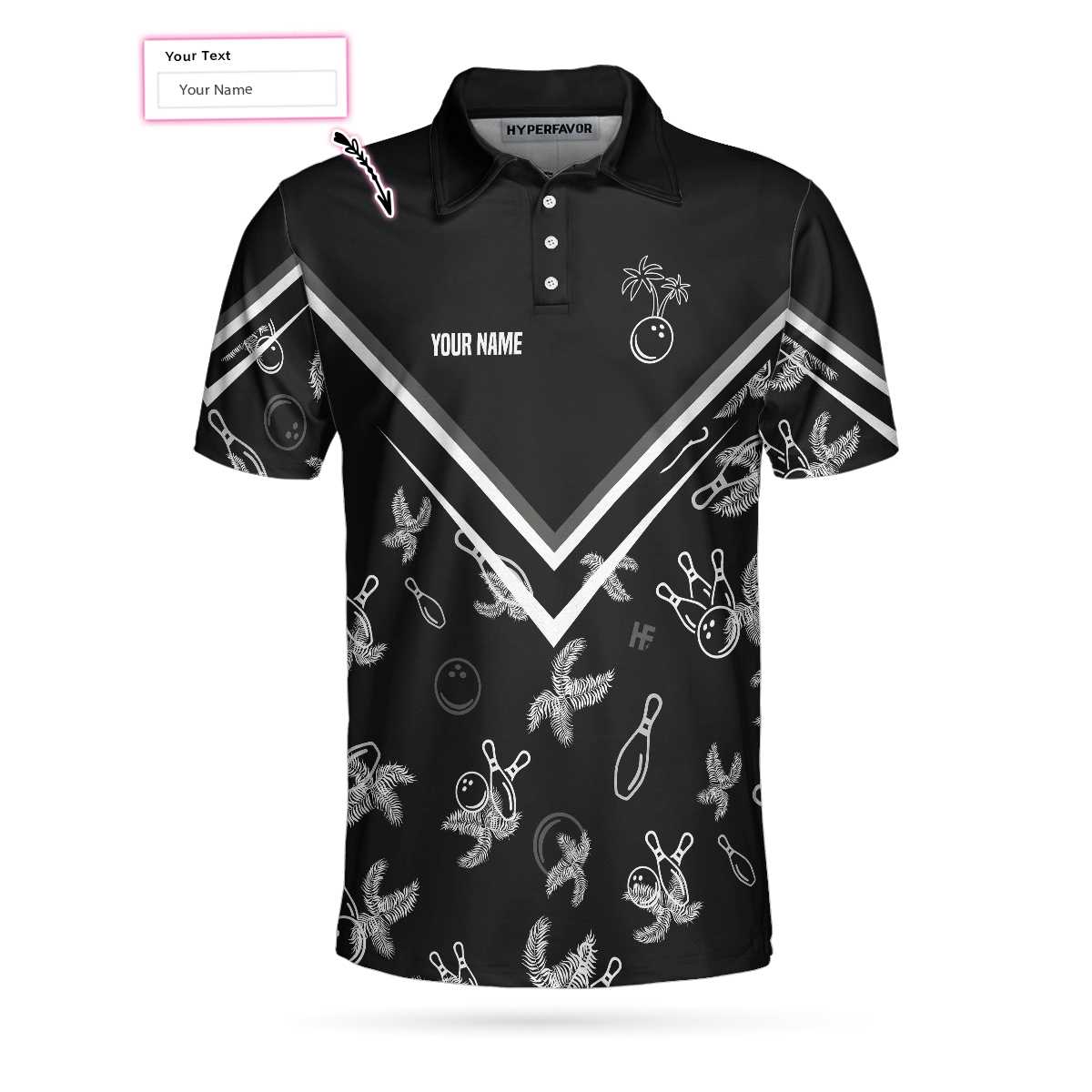Bowling Custom Men Polo Shirt - Custom Name Monochrome Tropical Pattern, Black Bowling Personalized Polo Shirt - Perfect Gift For Friend, Family, Bowling Lovers