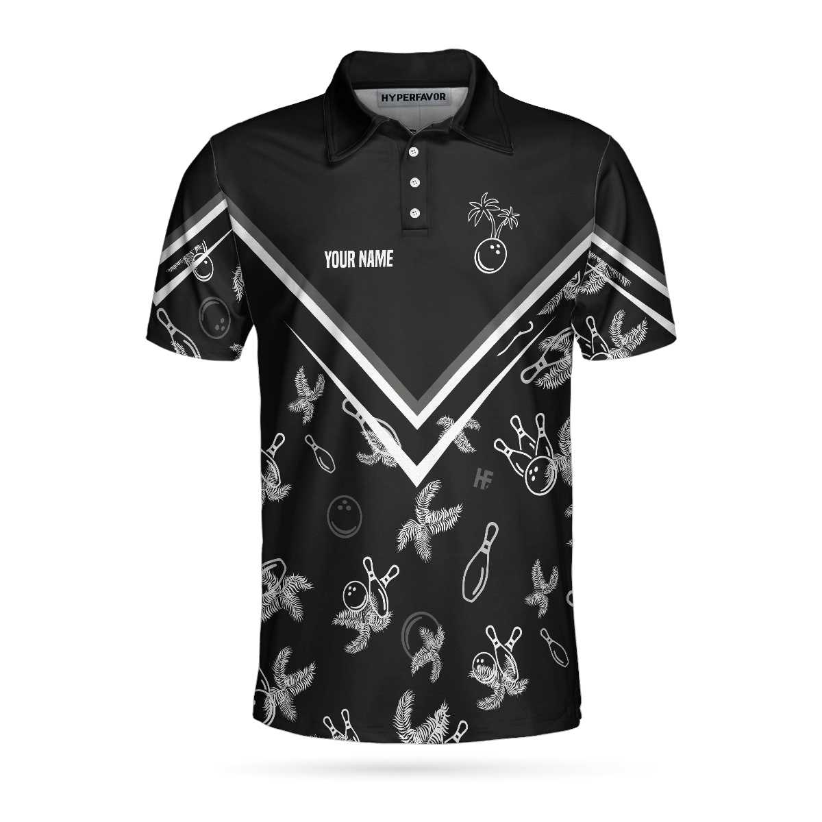 Bowling Custom Men Polo Shirt - Custom Name Monochrome Tropical Pattern, Black Bowling Personalized Polo Shirt - Perfect Gift For Friend, Family, Bowling Lovers