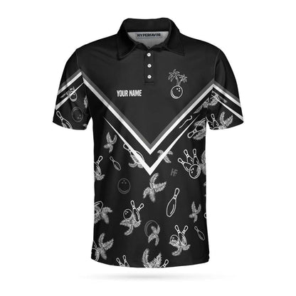 Bowling Custom Men Polo Shirt - Custom Name Monochrome Tropical Pattern, Black Bowling Personalized Polo Shirt - Perfect Gift For Friend, Family, Bowling Lovers