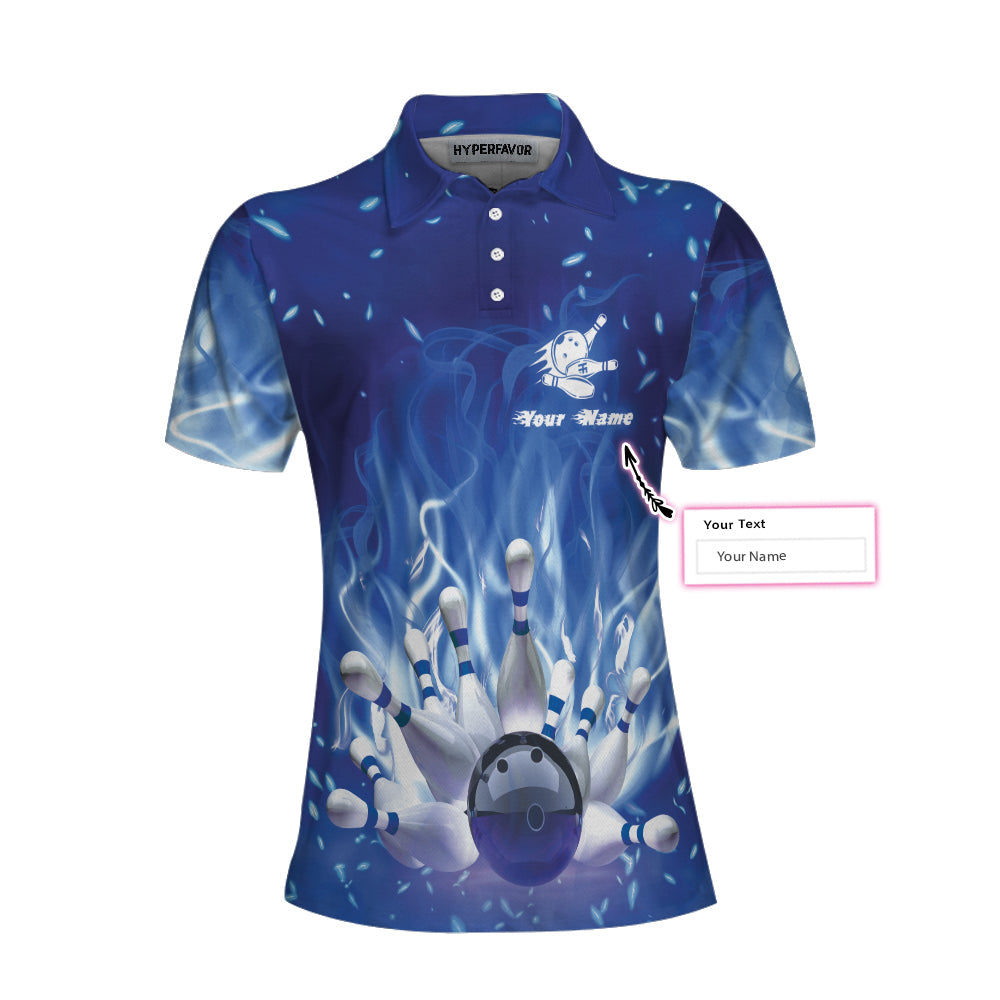 Bowling On Blue Fire Custom Short Sleeve Women Polo Shirt, Personalized Blue Flame Polo Shirt For Female Bowlers
