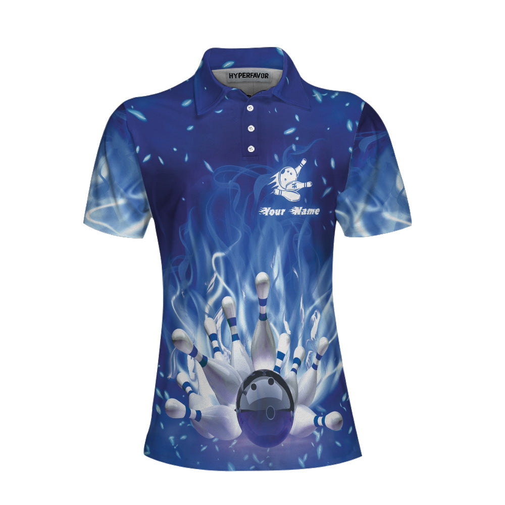 Bowling On Blue Fire Custom Short Sleeve Women Polo Shirt, Personalized Blue Flame Polo Shirt For Female Bowlers