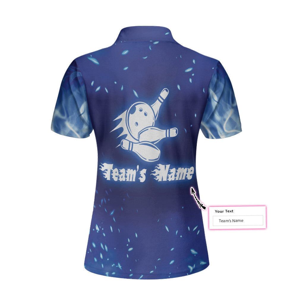 Bowling On Blue Fire Custom Short Sleeve Women Polo Shirt, Personalized Blue Flame Polo Shirt For Female Bowlers