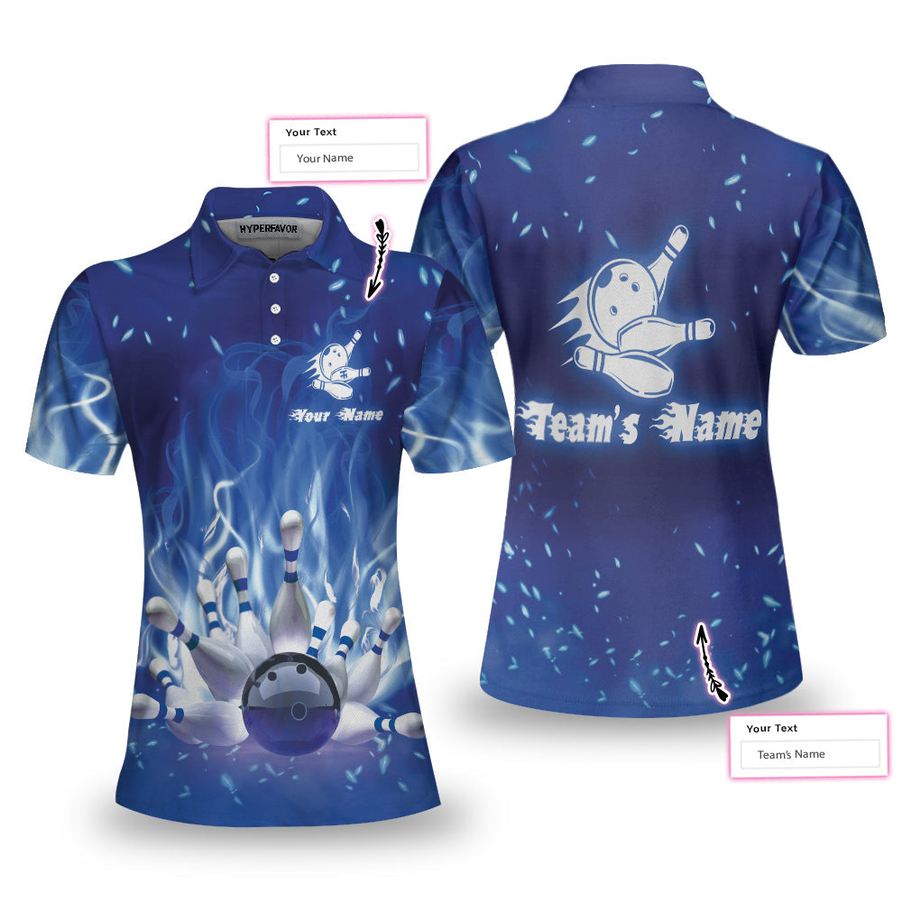 Bowling On Blue Fire Custom Short Sleeve Women Polo Shirt, Personalized Blue Flame Polo Shirt For Female Bowlers