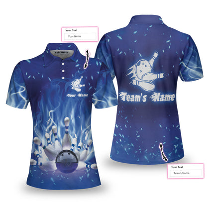 Bowling On Blue Fire Custom Short Sleeve Women Polo Shirt, Personalized Blue Flame Polo Shirt For Female Bowlers