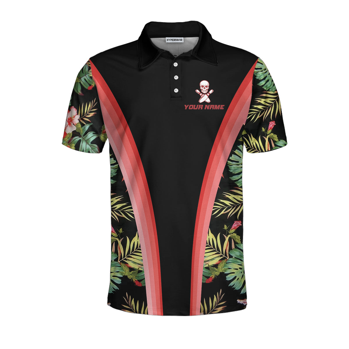 Bowling Skull Tropical Flower Custom Polo Shirt, Skull Floral Bowling Shirt For Bowlers, Cool Tropical Shirt Design
