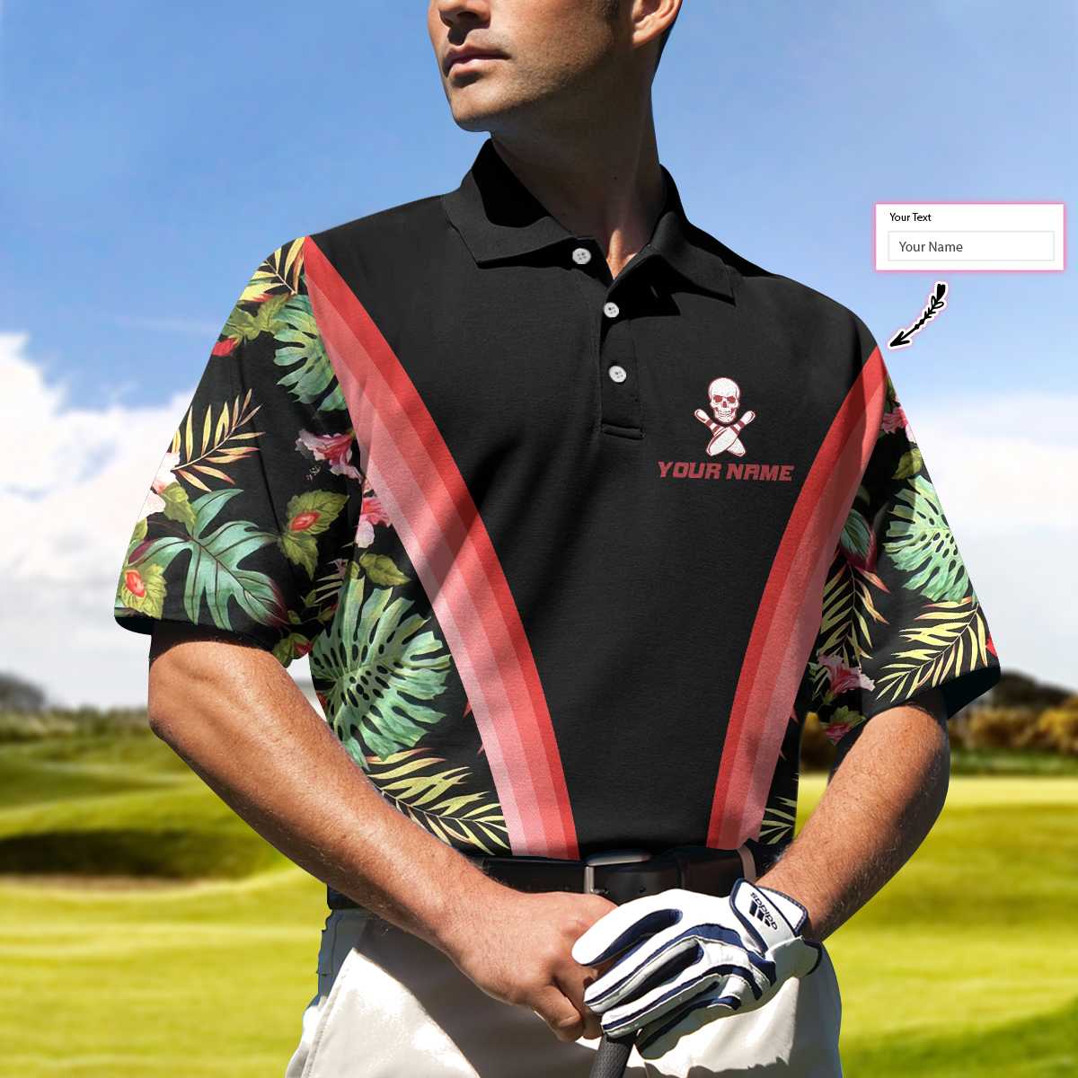 Bowling Skull Tropical Flower Custom Polo Shirt, Skull Floral Bowling Shirt For Bowlers, Cool Tropical Shirt Design