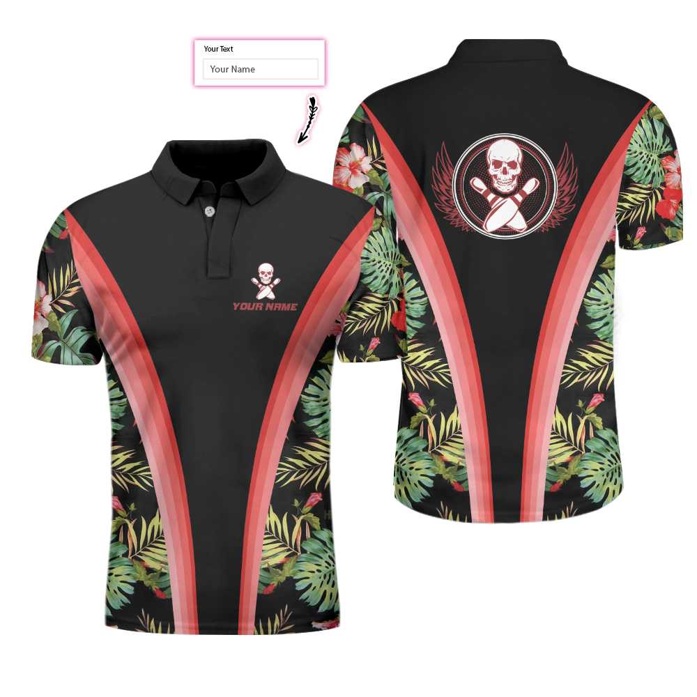 Bowling Skull Tropical Flower Custom Polo Shirt, Skull Floral Bowling Shirt For Bowlers, Cool Tropical Shirt Design