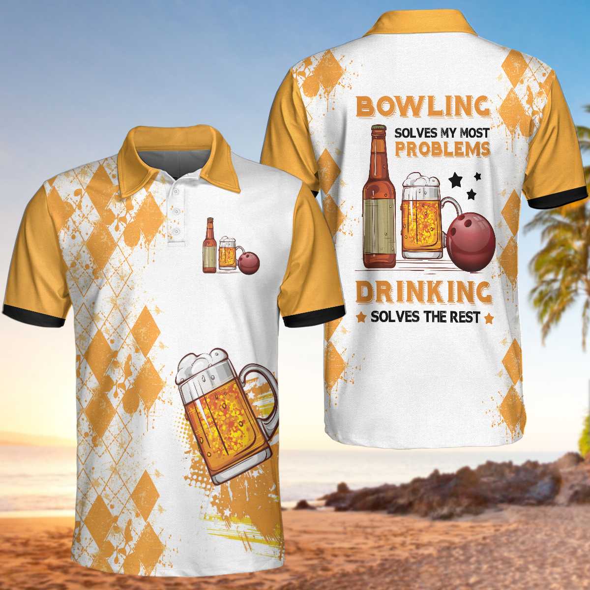 Bowling Men Polo Shirt - Argyle Pattern Beer Polo Shirt, Bowling Shirt For Men - Perfect Gift For Friend, Family, Bowling Lovers