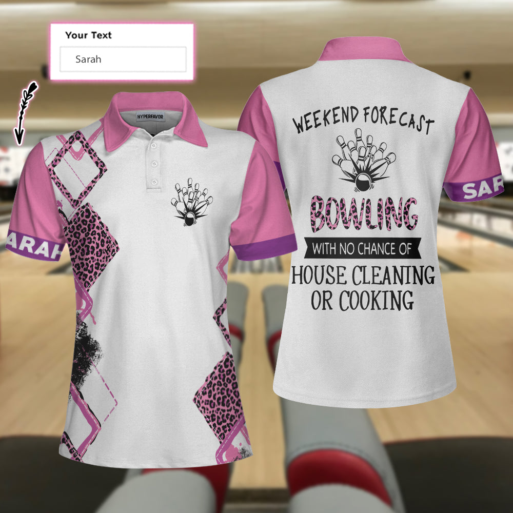Bowling With No Chance Of House Cleaning Custom Short Sleeve Women Polo Shirt, Pink Leopard Bowling Shirt - Best Bowling Gift For Women