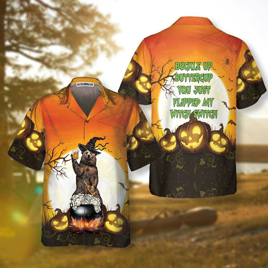 Buckle Up Buttercup You Just Flipped My Witch Switch Camping Bear Hawaiian Shirt, Unique Halloween Camping Shirt, Best Gift For Friend, Family