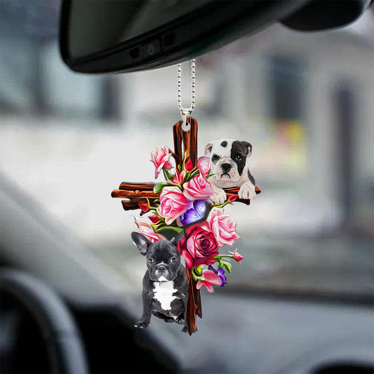 Bulldog Roses and Jesus Ornament - Dog Car Hanging Ornament - Gift For Dog Mom, Dog Lover, Dog Owner