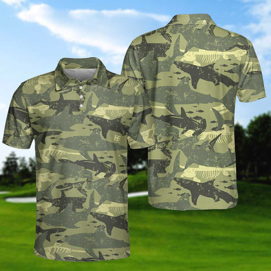 Camouflage Shark Pattern Short Sleeve Polo Shirt, Camo Military Polo Shirt, Best Shark Shirt For Men