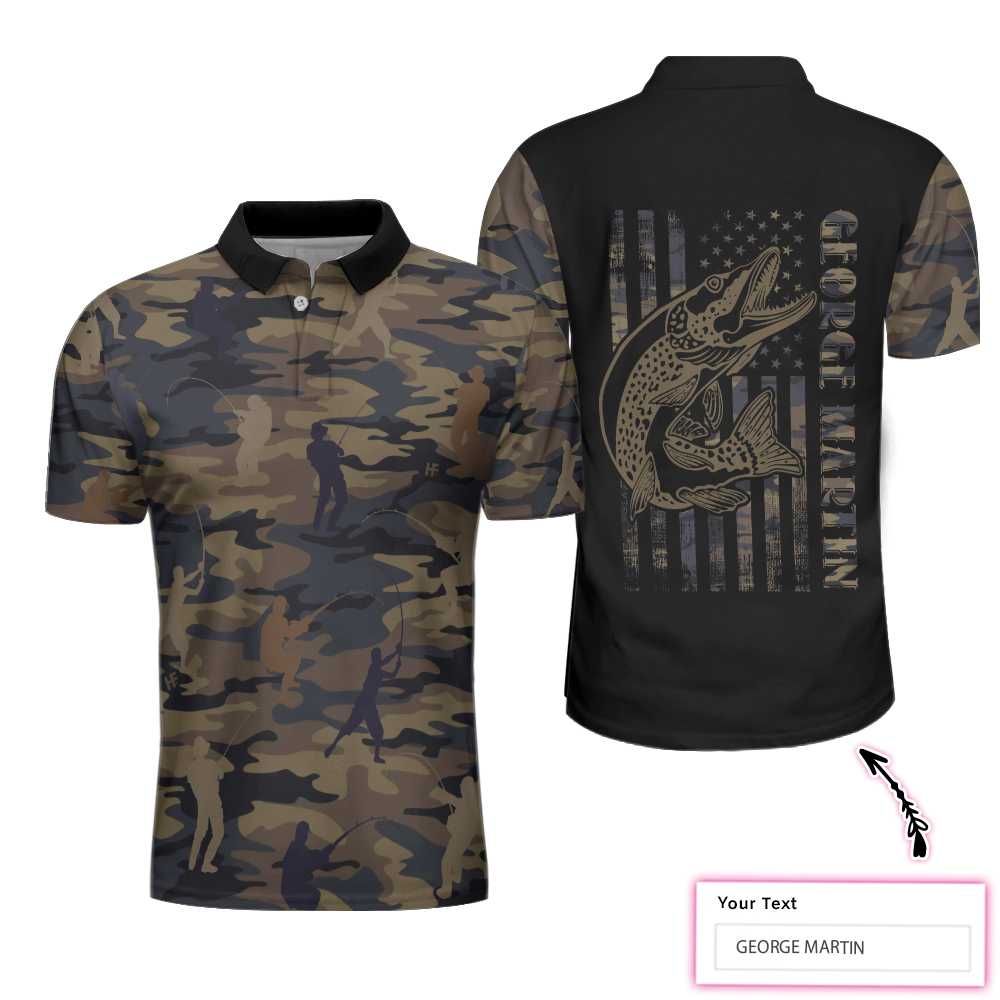 Custom Fishing Men Polo Shirt, Camouflage Fisherman Silhouette Vector Fishing Custom Polo Shirt, American Flag Polo Shirt, Fishing Shirt For Men, Best Gift for Fisherman