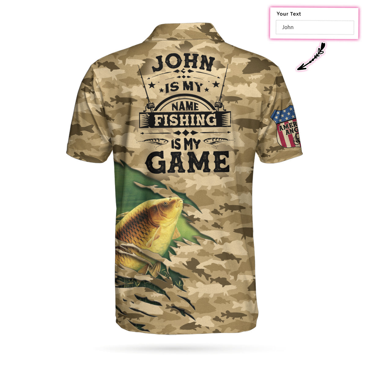 Personalized Camouflage American Flag Men Polo Shirt, Name Fishing Is My Game Custom Polo Shirt, Camo Fishing Shirt For Men