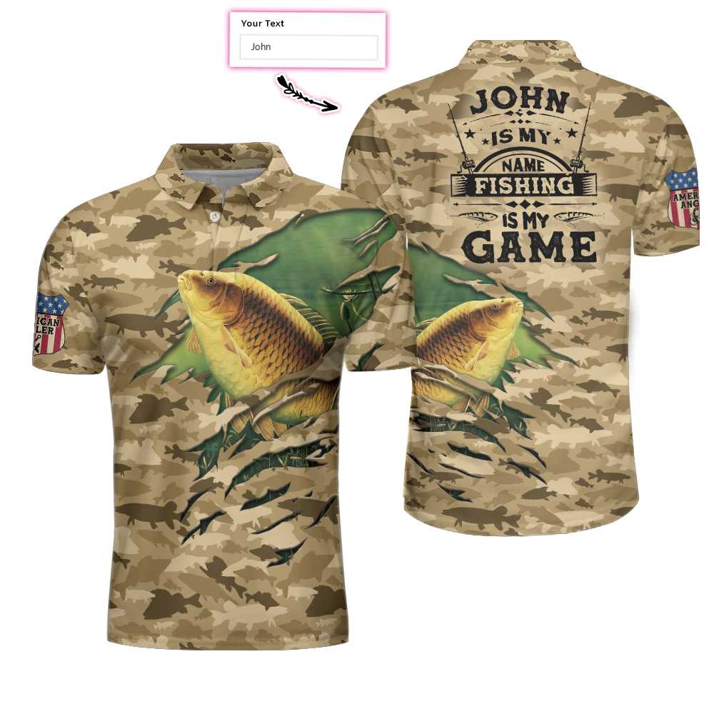 Personalized Camouflage American Flag Men Polo Shirt, Name Fishing Is My Game Custom Polo Shirt, Camo Fishing Shirt For Men