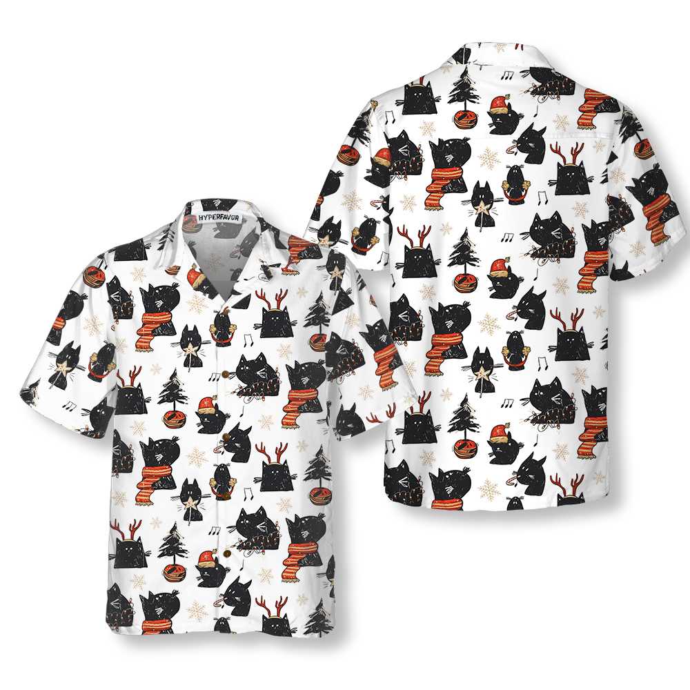 Cartoon Black Cat Merry Christmas Hawaiian Shirt, Funny Christmas Cat Shirt, Best Xmas Gift Idea, Best Gift For Cartoon Lover, Friend, Family