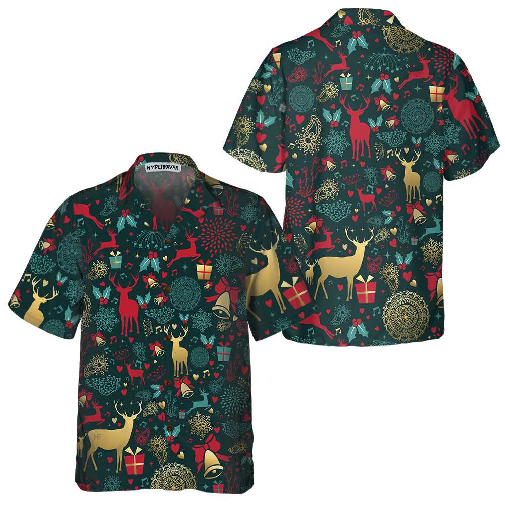 Christmas Golden Deer Pattern Hawaiian Shirt, Christmas Reindeer Shirt, Best Xmas Gift Idea, Best Christmas Gift For lover, Friend, Family