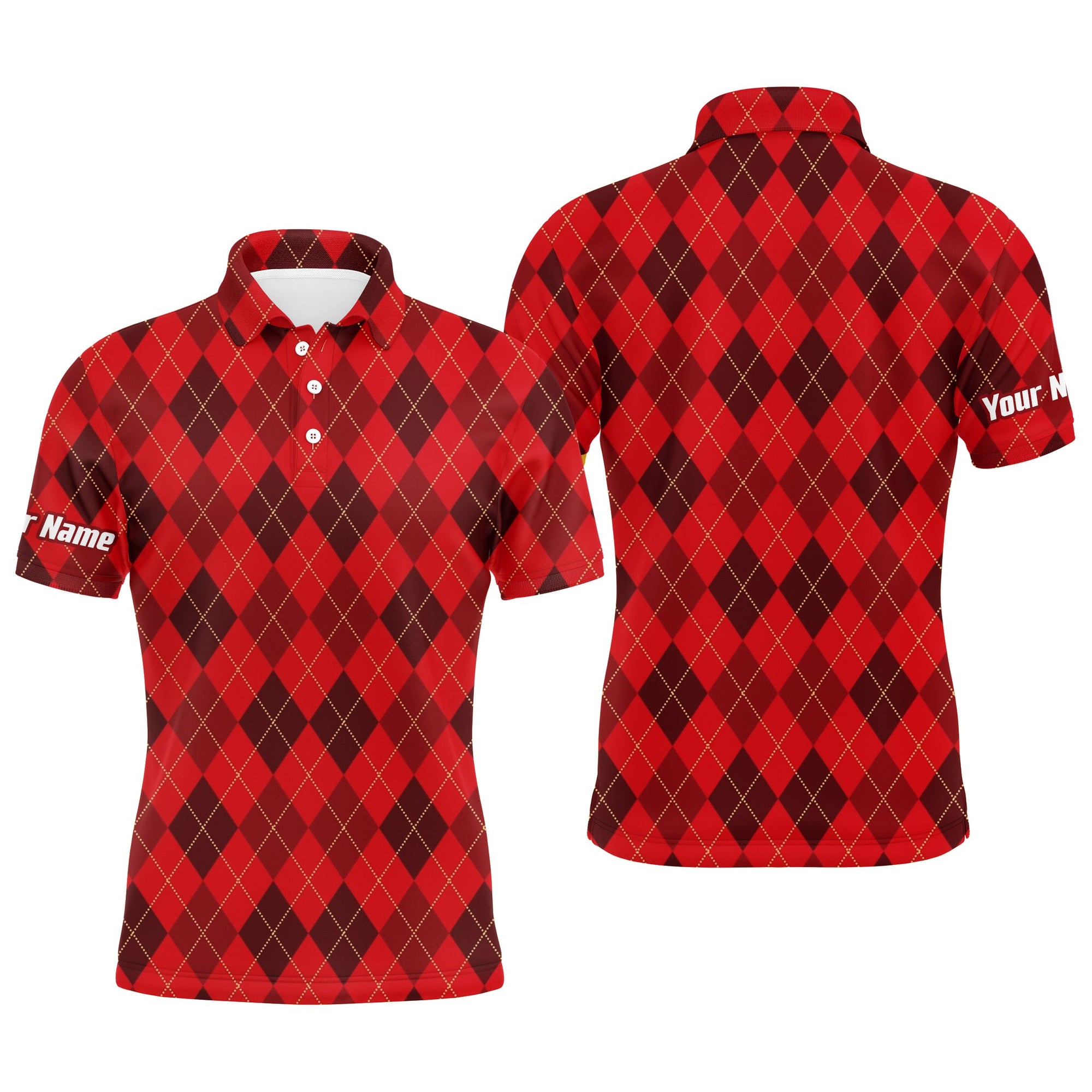 Christmas Plaid Argyle Pattern - Funny Christmas Men's Golf Polo Custom Name Shirt