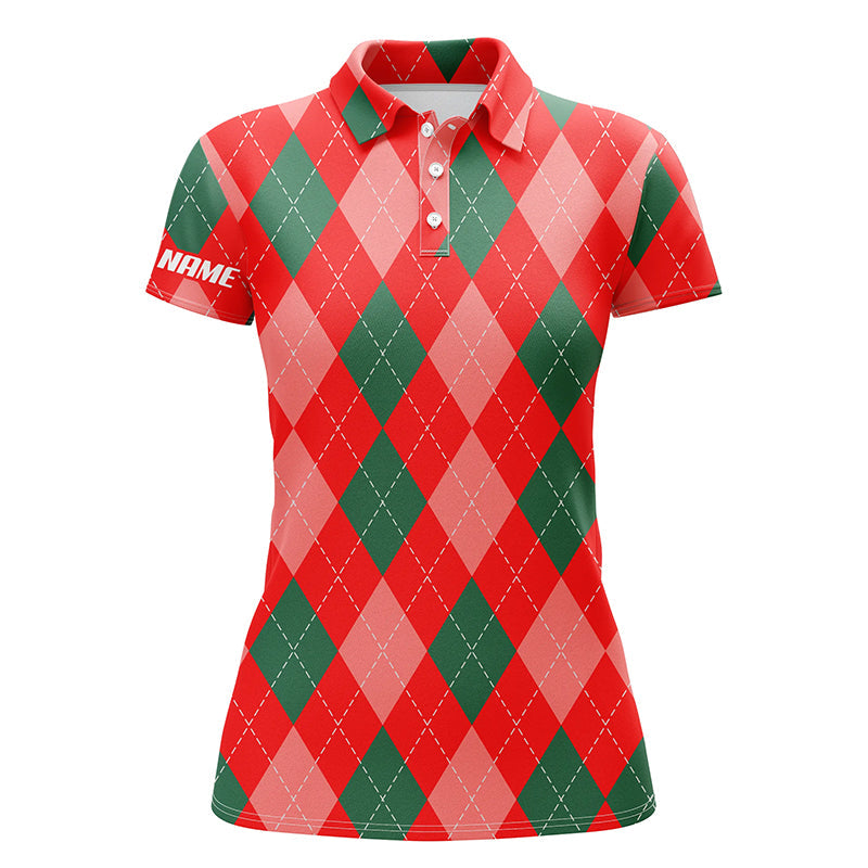 Christmas Plaid Argyle Red Pattern Womens Golf Polo Shirt Custom Name Christmas Golf Gifts For Women - Red, Perfect Gift For Women