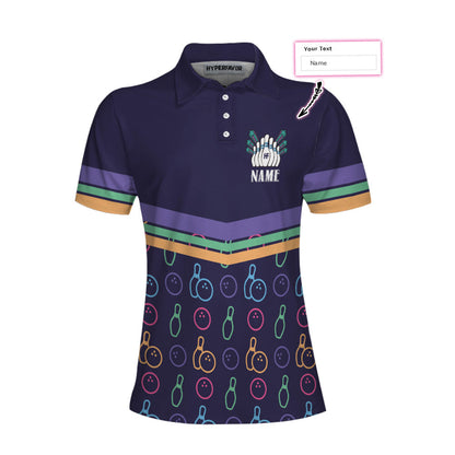 Colorful Bowling Pattern Custom Short Sleeve Woman Polo Shirt, Personalized Bowling Themed Shirt For Ladies, Cool Gift For Bowlers