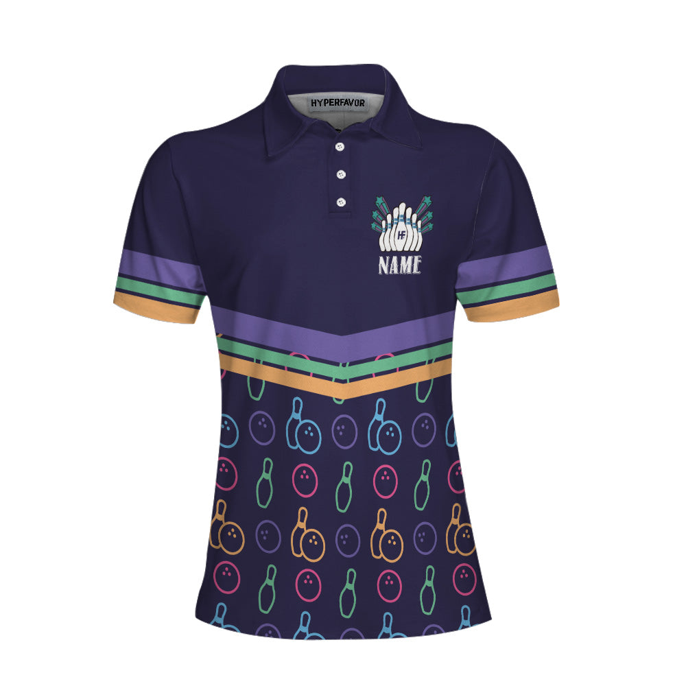 Colorful Bowling Pattern Custom Short Sleeve Woman Polo Shirt, Personalized Bowling Themed Shirt For Ladies, Cool Gift For Bowlers