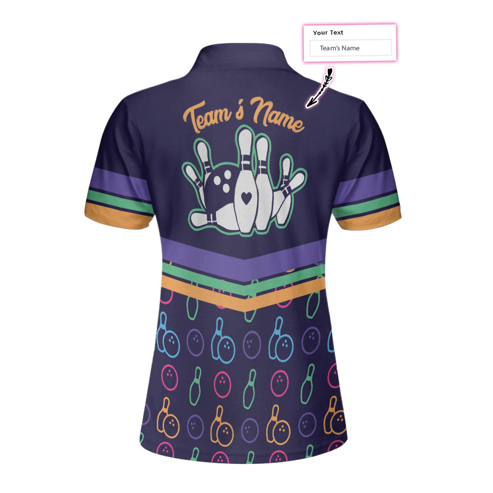 Colorful Bowling Pattern Custom Short Sleeve Woman Polo Shirt, Personalized Bowling Themed Shirt For Ladies, Cool Gift For Bowlers