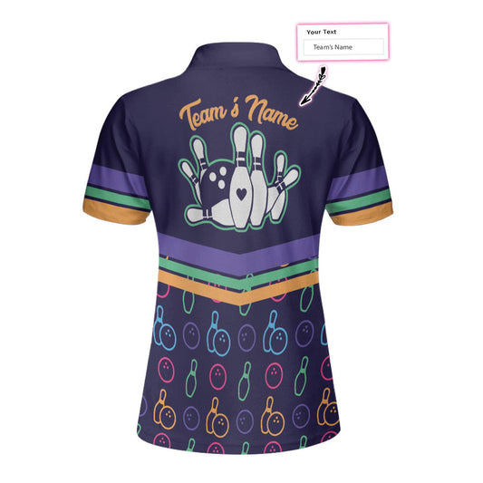 Colorful Bowling Pattern Custom Short Sleeve Woman Polo Shirt, Personalized Bowling Themed Shirt For Ladies, Cool Gift For Bowlers
