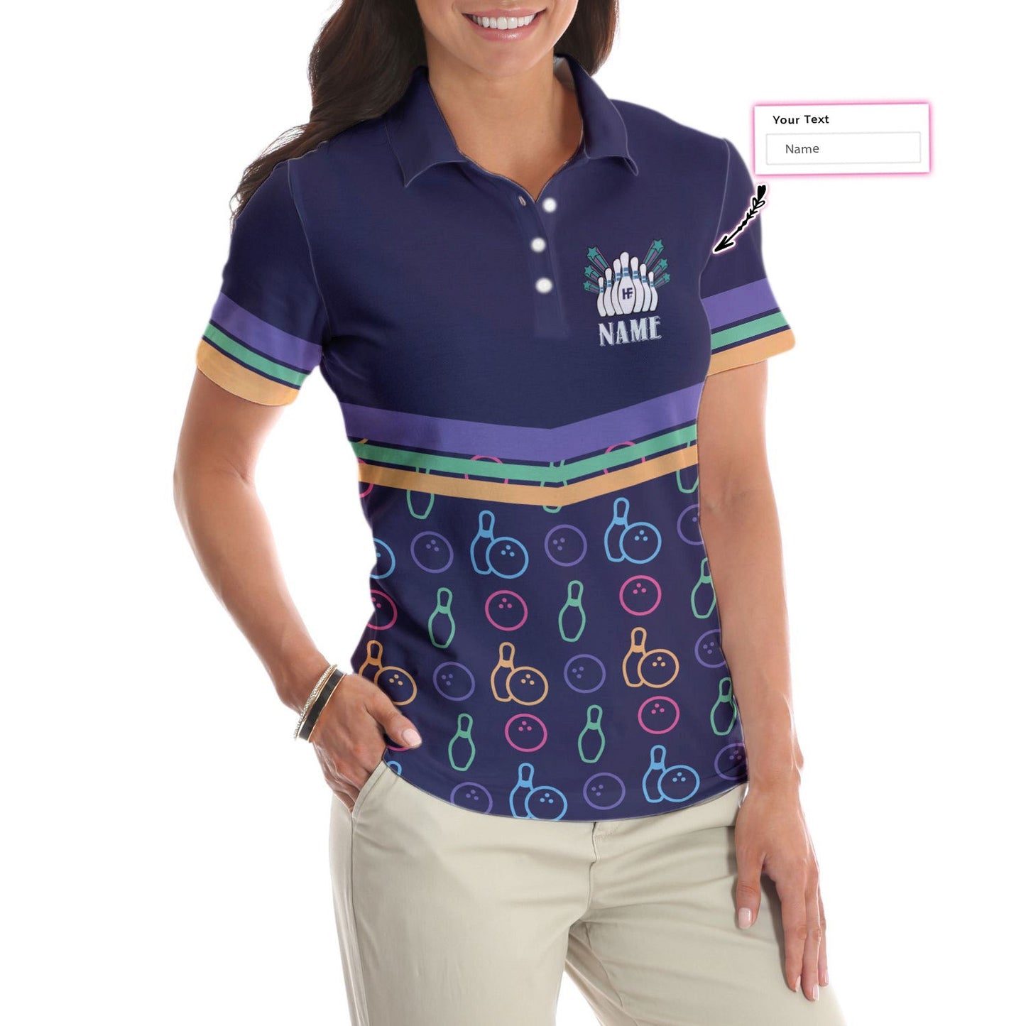Colorful Bowling Pattern Custom Short Sleeve Woman Polo Shirt, Personalized Bowling Themed Shirt For Ladies, Cool Gift For Bowlers