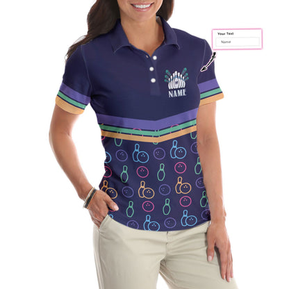 Colorful Bowling Pattern Custom Short Sleeve Woman Polo Shirt, Personalized Bowling Themed Shirt For Ladies, Cool Gift For Bowlers