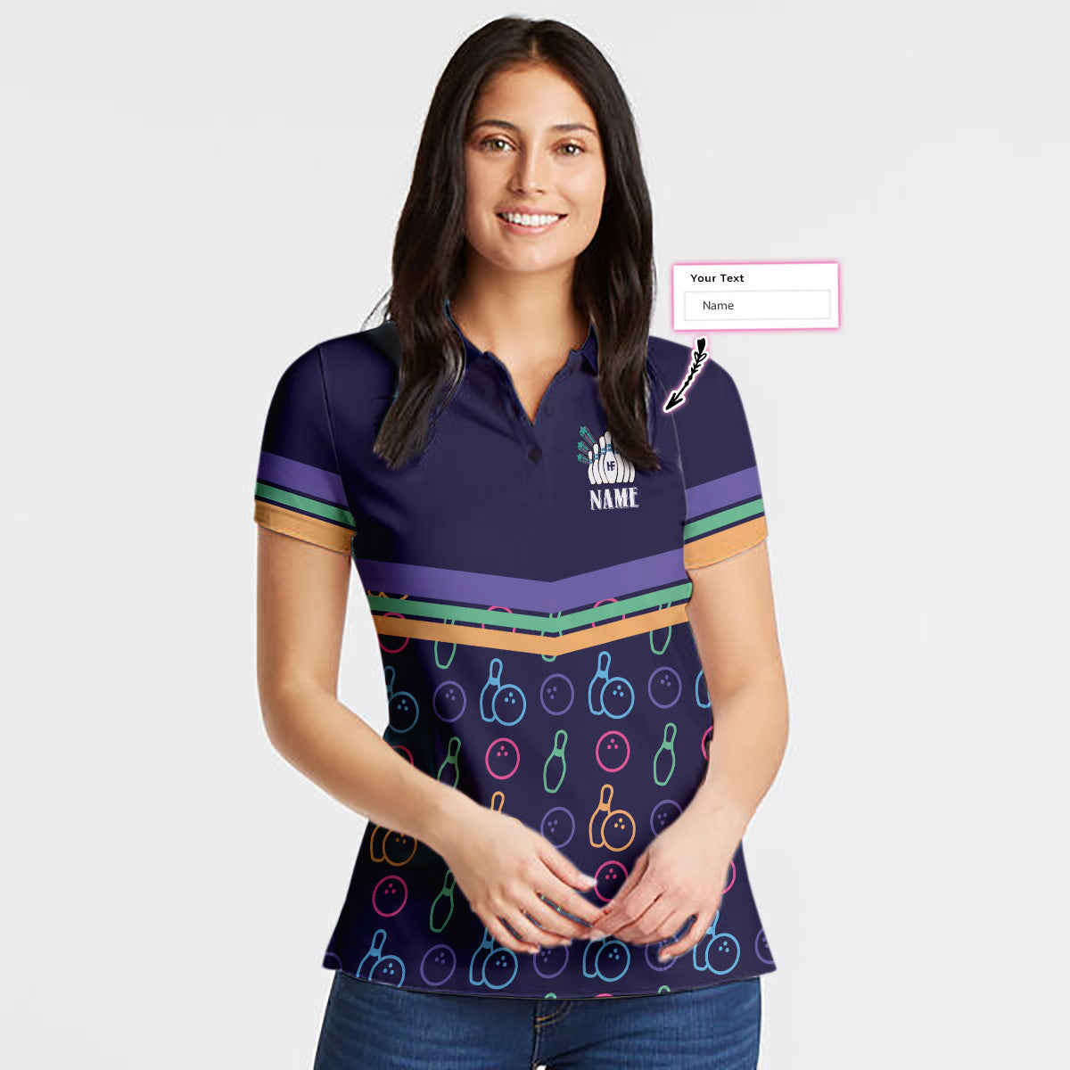 Colorful Bowling Pattern Custom Short Sleeve Woman Polo Shirt, Personalized Bowling Themed Shirt For Ladies, Cool Gift For Bowlers