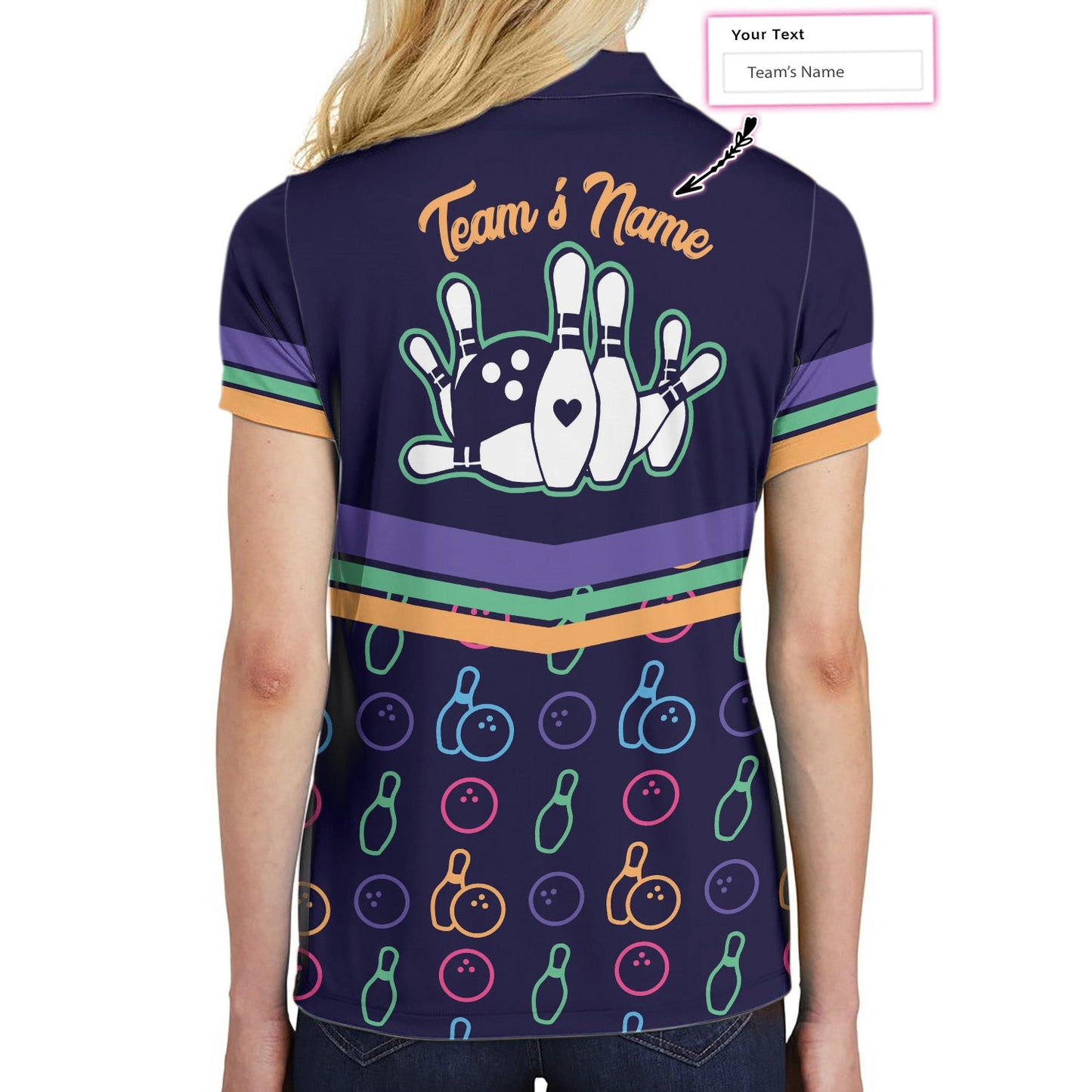 Colorful Bowling Pattern Custom Short Sleeve Woman Polo Shirt, Personalized Bowling Themed Shirt For Ladies, Cool Gift For Bowlers