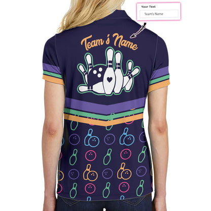 Colorful Bowling Pattern Custom Short Sleeve Woman Polo Shirt, Personalized Bowling Themed Shirt For Ladies, Cool Gift For Bowlers
