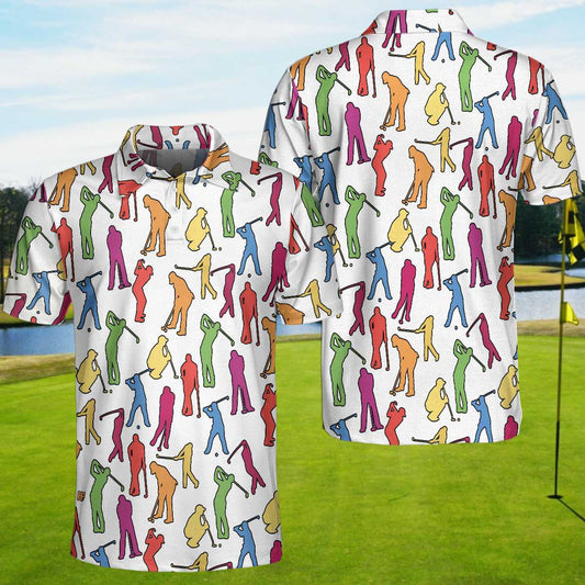 Colorful Male Golfer Short Sleeve Polo Shirt, White Silhouette Polo Shirt, Best Golf Shirt For Men