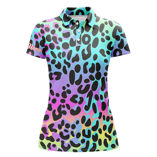Colorful Neon Rainbow Leopard Custom Womens Golf Polo Shirts, Team Golf Shirt Gift For Golf Lovers