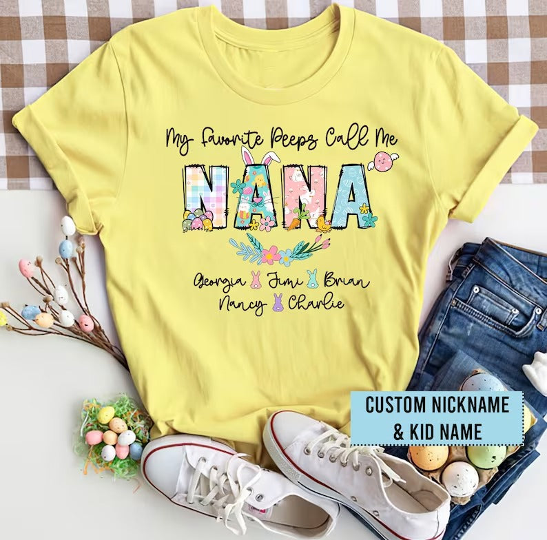 Grandma and Kids Custom Name T-shirt, My Favorite Peeps Call Me Grandma Easter Personalized Shirt - Perfect Gift For Gigi, Nana, Mimi, Grandma