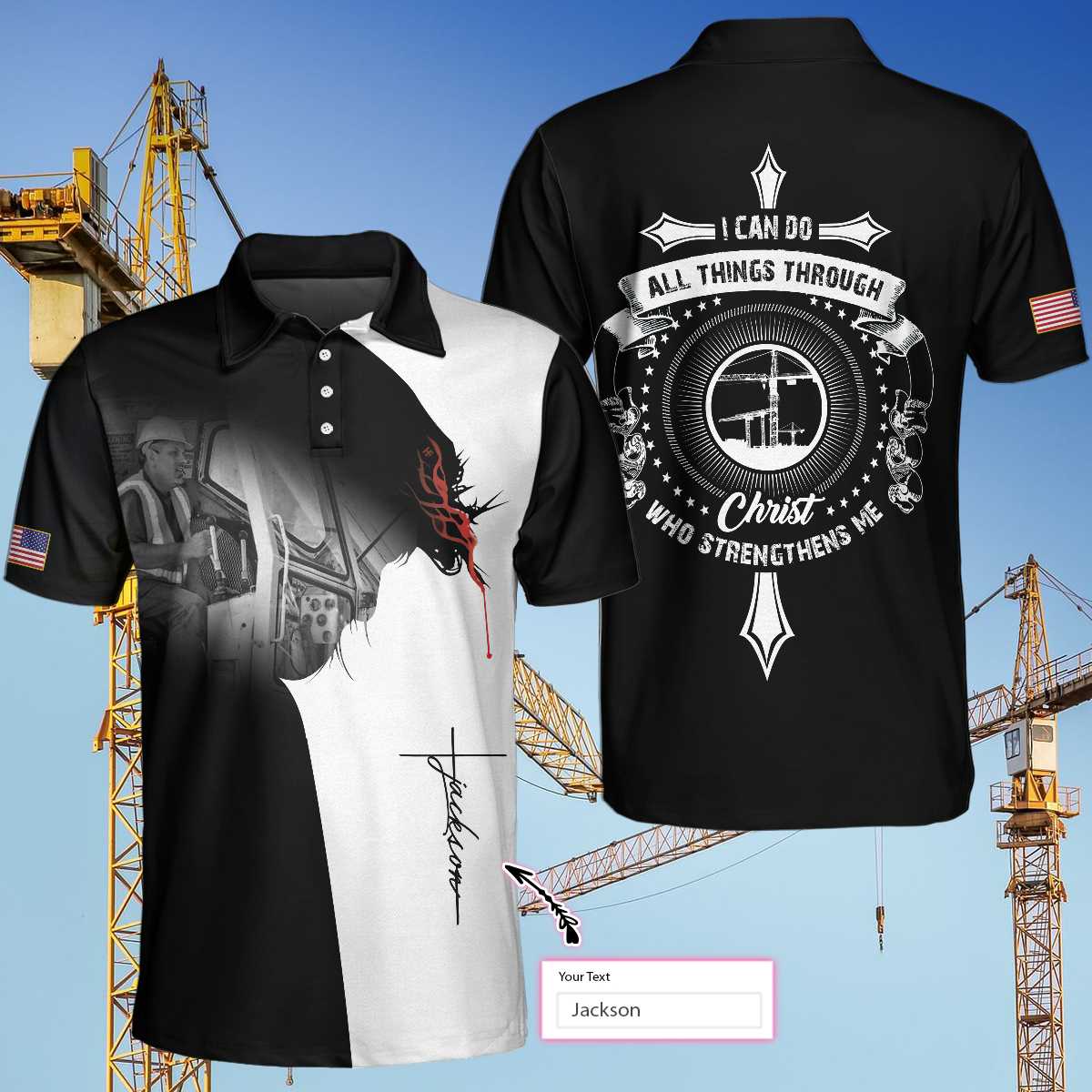 Crane Operator Custom Polo Shirt, I Can Do All Things Short Sleeve Custom Polo Shirt, Christian Crane Operator Shirt For Men