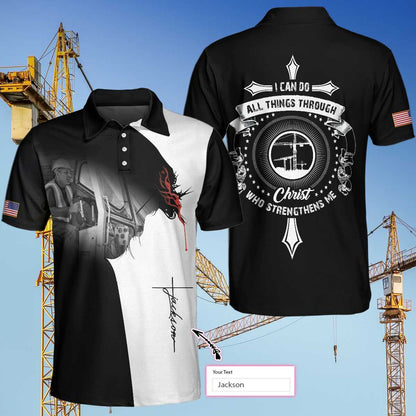 Crane Operator Custom Polo Shirt, I Can Do All Things Short Sleeve Custom Polo Shirt, Christian Crane Operator Shirt For Men